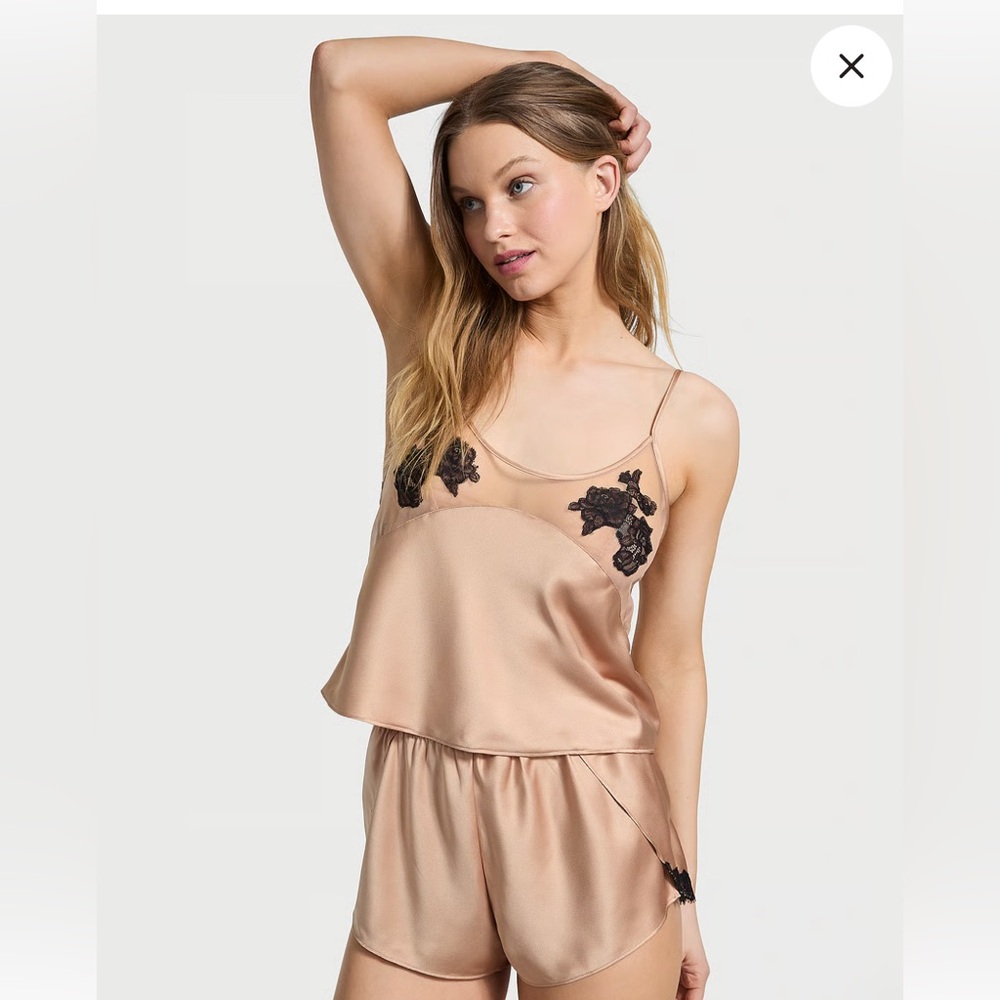 Victoria's Secret Satin Pajama Set in Beige with Black Lace